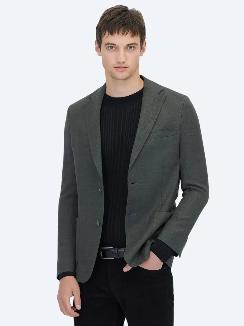 Kip Dark Grey Modern Fit Wool Blended Jacket
