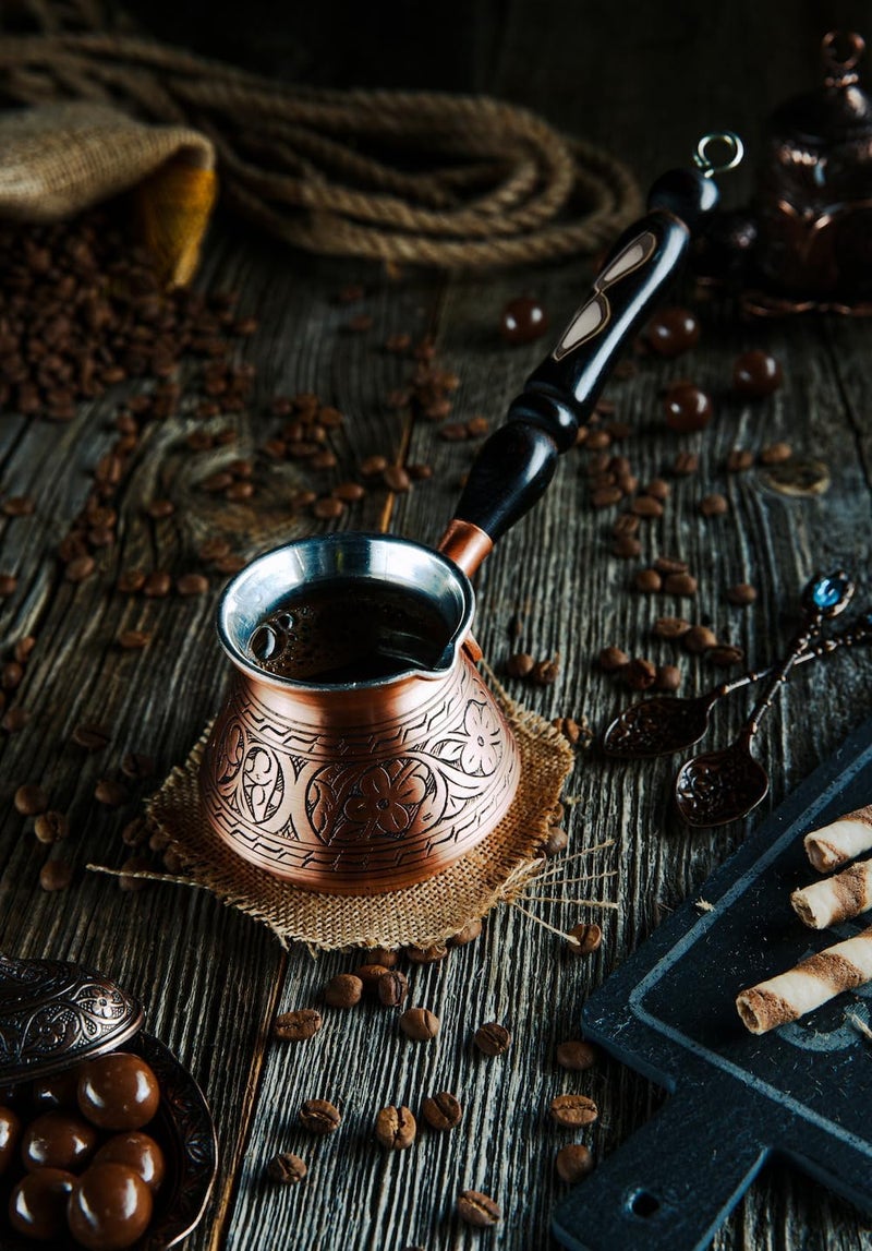 DEMMEX 15 oz Large Copper Turkish Coffee Pot Cezve Ibrik Greek Coffee Briki Stovetop Coffee Maker with Wooden Handle & Spoon, 1mm Thick Copper, Handmade & Engraved in TURKEY, 6 Servings - Image 3
