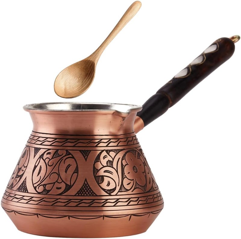 DEMMEX 15 oz Large Copper Turkish Coffee Pot Cezve Ibrik Greek Coffee Briki Stovetop Coffee Maker with Wooden Handle & Spoon, 1mm Thick Copper, Handmade & Engraved in TURKEY, 6 Servings - Image 1