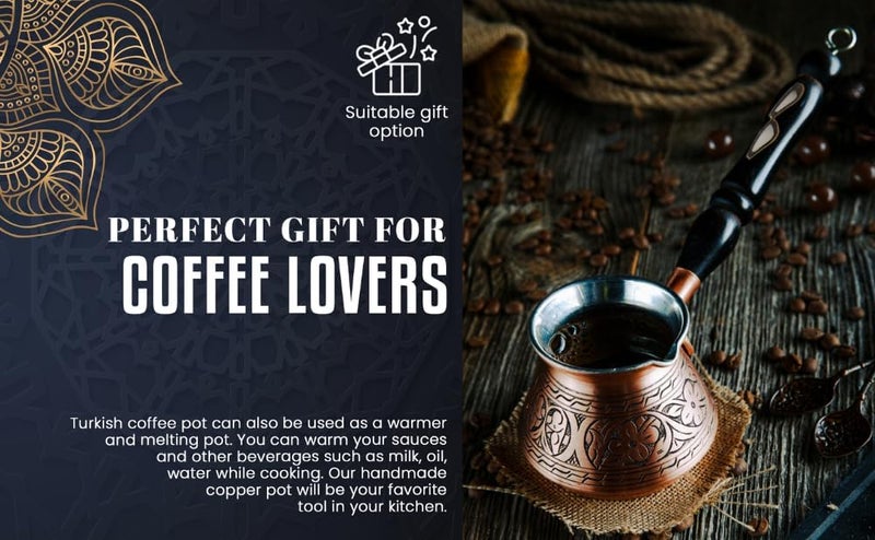 DEMMEX 15 oz Large Copper Turkish Coffee Pot Cezve Ibrik Greek Coffee Briki Stovetop Coffee Maker with Wooden Handle & Spoon, 1mm Thick Copper, Handmade & Engraved in TURKEY, 6 Servings - Image 5