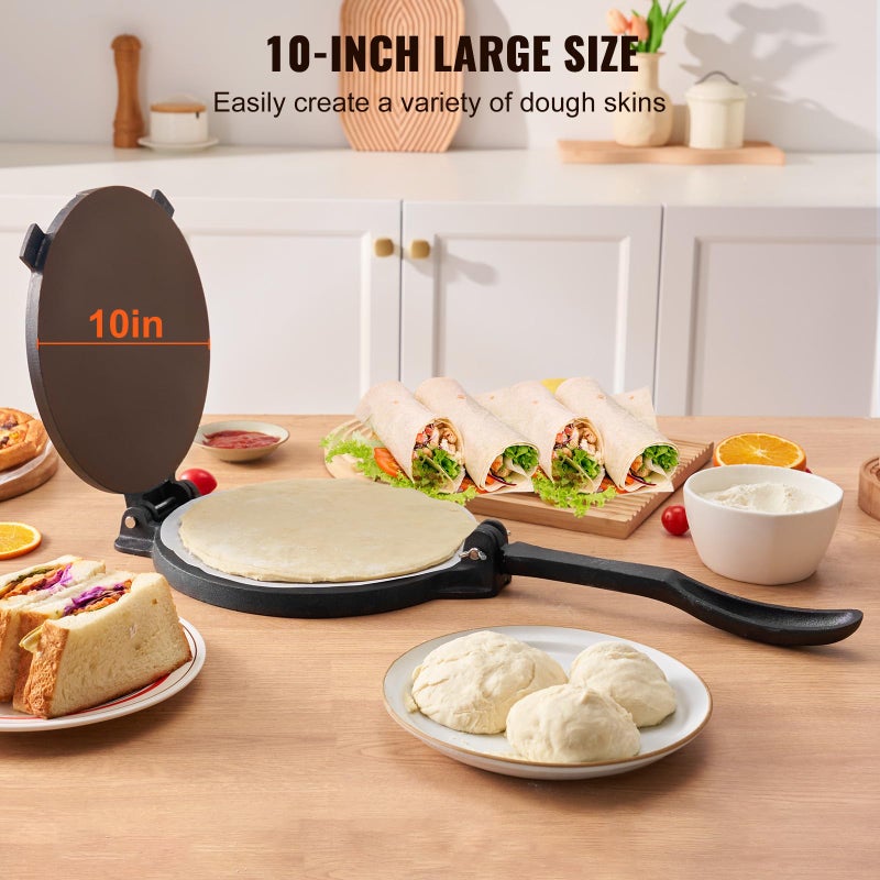 VEVOR Tortilla Press, 10 Inch Tortilla and Roti Maker, Cast Iron Heavy Duty Tortilladora Press, Pre-Seasoned Pataconera Maker with 100 Pcs Parchment Paper, Dough Maker for Flour Tortilla, Tawa, Silver - Image 2