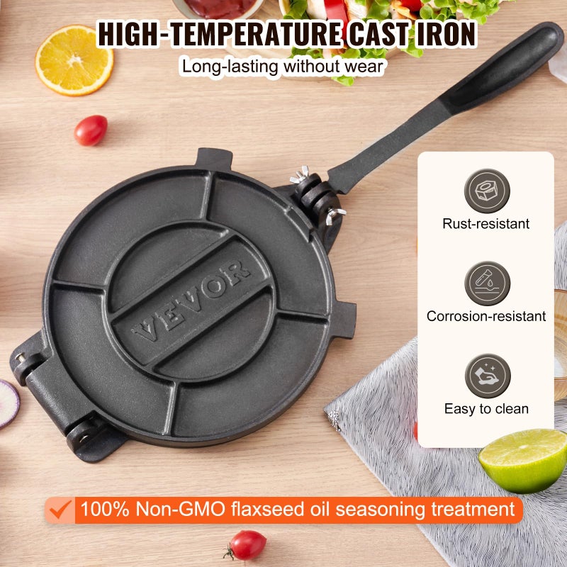 VEVOR Tortilla Press, 10 Inch Tortilla and Roti Maker, Cast Iron Heavy Duty Tortilladora Press, Pre-Seasoned Pataconera Maker with 100 Pcs Parchment Paper, Dough Maker for Flour Tortilla, Tawa, Silver - Image 3