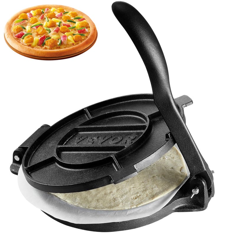 VEVOR Tortilla Press, 10 Inch Tortilla and Roti Maker, Cast Iron Heavy Duty Tortilladora Press, Pre-Seasoned Pataconera Maker with 100 Pcs Parchment Paper, Dough Maker for Flour Tortilla, Tawa, Silver - Image 1