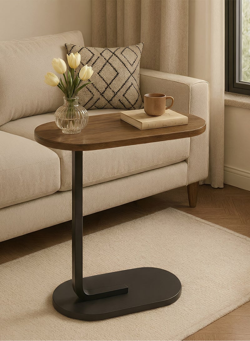 Taimi 2-pieces C-Shaped Side Table Elegant Design with Metal Frame, Sofa Side Coffee Table, Side Table for Living Room, Bedroom, Office, Balcony 60x28x39cm - Brown Color With Black Frame - Image 2