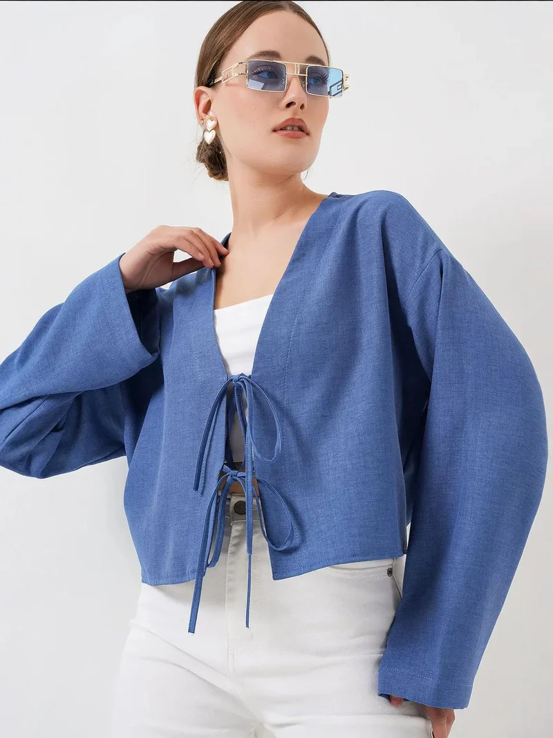 بيغ دارت بلوزة كيمونو بأكمام طويلة وياقة على شكل حرف  من مزيج الفيسكوز مع تفاصيل ربط