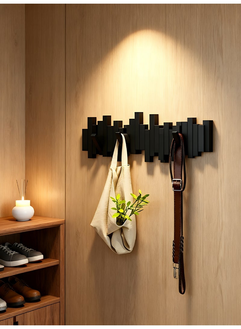 Wood Wall Hook, Wall-Mounted Coat Rack with 5 Flip-Down Hooks, Wooden Space-Saving Entryway Organizer for Coats, Hats, Keys, Bags, and Towels, Modern Decorative Wall Art Hook, Black, 50×20×3.5cm - Image 2