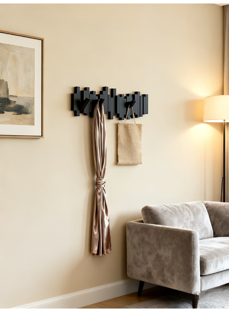 Wood Wall Hook, Wall-Mounted Coat Rack with 5 Flip-Down Hooks, Wooden Space-Saving Entryway Organizer for Coats, Hats, Keys, Bags, and Towels, Modern Decorative Wall Art Hook, Black, 50×20×3.5cm - Image 5