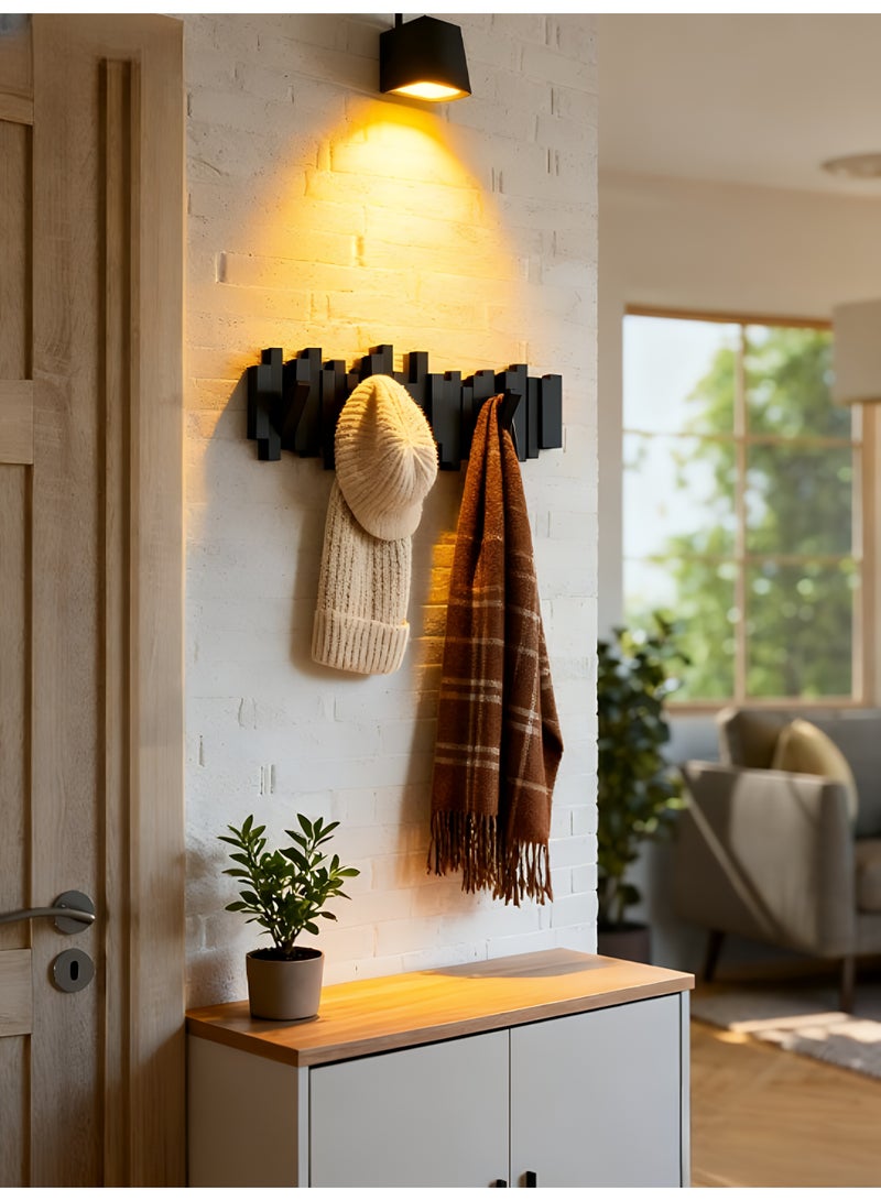 Wood Wall Hook, Wall-Mounted Coat Rack with 5 Flip-Down Hooks, Wooden Space-Saving Entryway Organizer for Coats, Hats, Keys, Bags, and Towels, Modern Decorative Wall Art Hook, Black, 50×20×3.5cm - Image 4