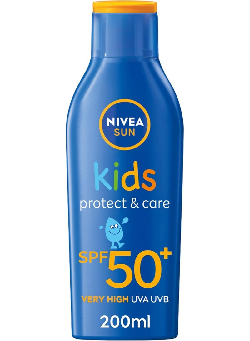 NIVEA SUN Kids Sunscreen Lotion, Protect & Care, SPF 50+, 5in1 Skin Protection, Very High and Immediate UVA & UVB Protection, Extra Water Resistant, 200ml