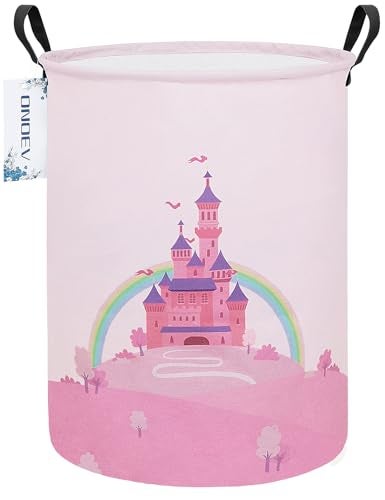 ONOEV Laundry Hamper, Round Waterproof Storage Basket with Handle, Foldable, Pink Castle, 19.7in(H) x 15.7in(D), for Children's Room and Toy Storage - Image 1