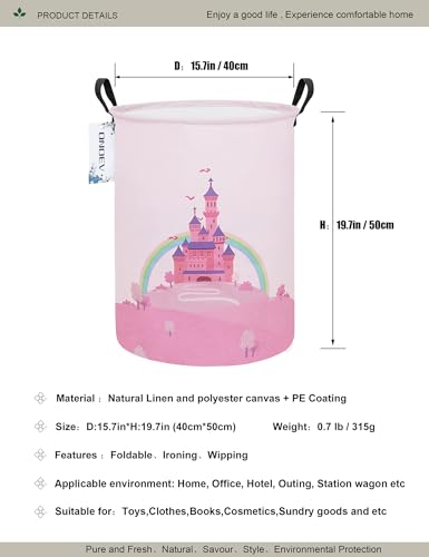ONOEV Laundry Hamper, Round Waterproof Storage Basket with Handle, Foldable, Pink Castle, 19.7in(H) x 15.7in(D), for Children's Room and Toy Storage - Image 2
