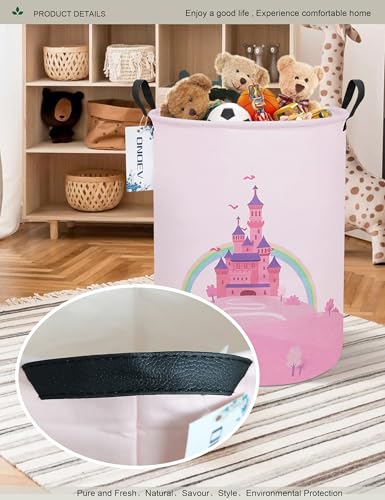 ONOEV Laundry Hamper, Round Waterproof Storage Basket with Handle, Foldable, Pink Castle, 19.7in(H) x 15.7in(D), for Children's Room and Toy Storage - Image 4