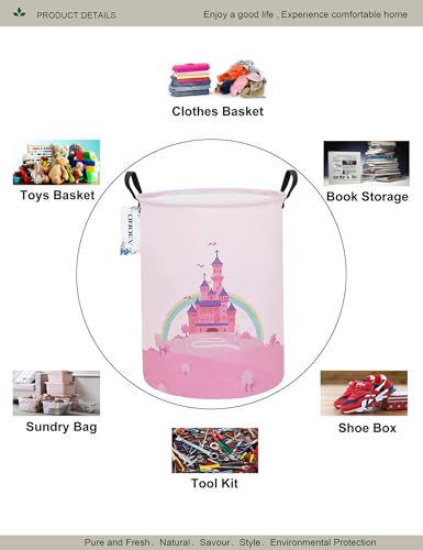 ONOEV Laundry Hamper, Round Waterproof Storage Basket with Handle, Foldable, Pink Castle, 19.7in(H) x 15.7in(D), for Children's Room and Toy Storage - Image 3