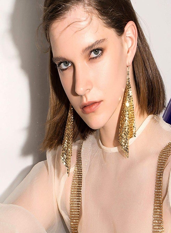 Suyi Trendy Women Earrings Metal Mesh Grid Sequins Tassel Long Drop Dangle Earrings Gold - Image 2