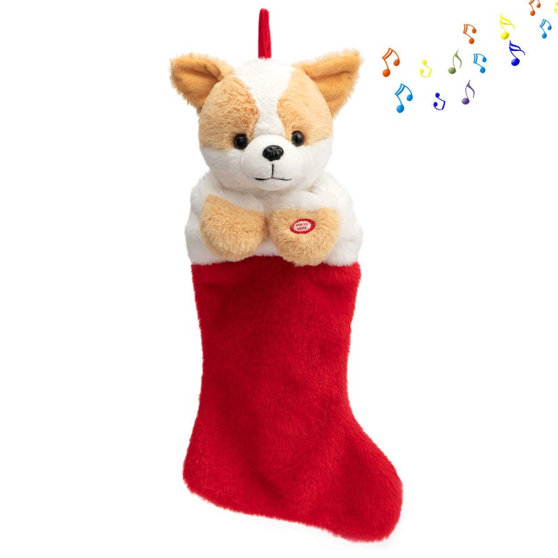 HollyHOME HollyHOME Christmas Stockings Animated Corgi Puppy Head Stockings with Music and Flapping Ears Hanging Xmas Decoration Socks Ornament 19 Inch