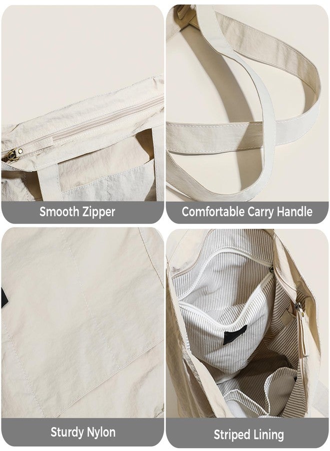 Barsine Tote Bag for Women Medium Tote Purses and Handbags Nylon Shoulder Bag with Pockets, White - Image 5