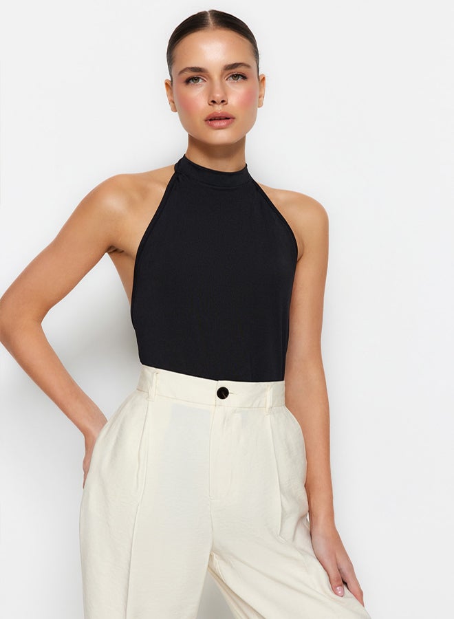 trendyol Black Stand Collar Backless Flexible Snap-Button Knitted Bodysuit  - Image 3