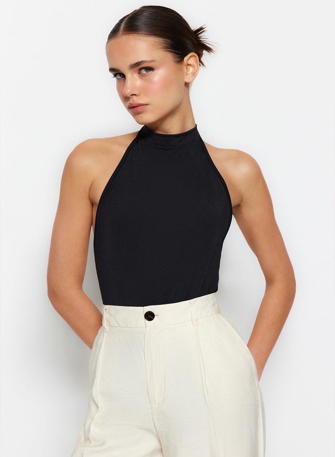 trendyol Black Stand Collar Backless Flexible Snap-Button Knitted Bodysuit  - Image 1