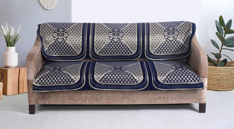 Nendle Velvet Chenille Fabric 5 Seater Sofa Cover (Navy Blue) Set of 6 Pieces - Image 3