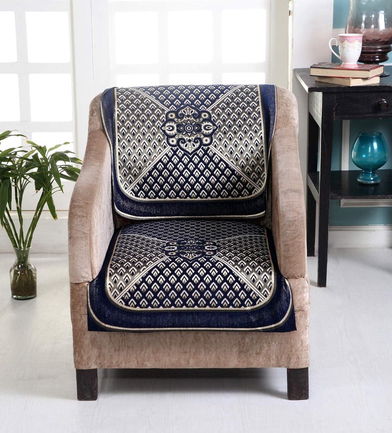 Nendle Velvet Chenille Fabric 5 Seater Sofa Cover (Navy Blue) Set of 6 Pieces - Image 4