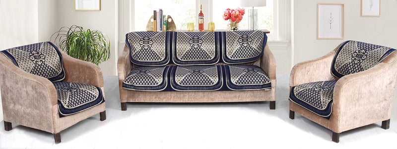 Nendle Velvet Chenille Fabric 5 Seater Sofa Cover (Navy Blue) Set of 6 Pieces - Image 2