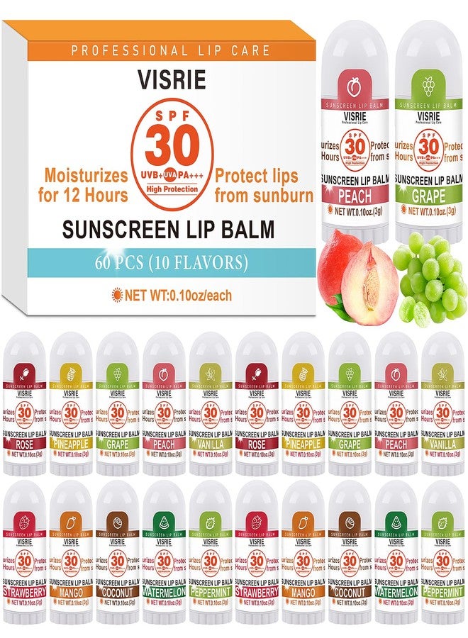 VISRIE SPF 30 Sunscreen Lip Balm, SPF Lip Balm Bulk 60 Count, Broad Spectrum UVA/UVB Lip Sunscreen with Vitamin E and Coconut Oil- 10 Flavors - Image 1