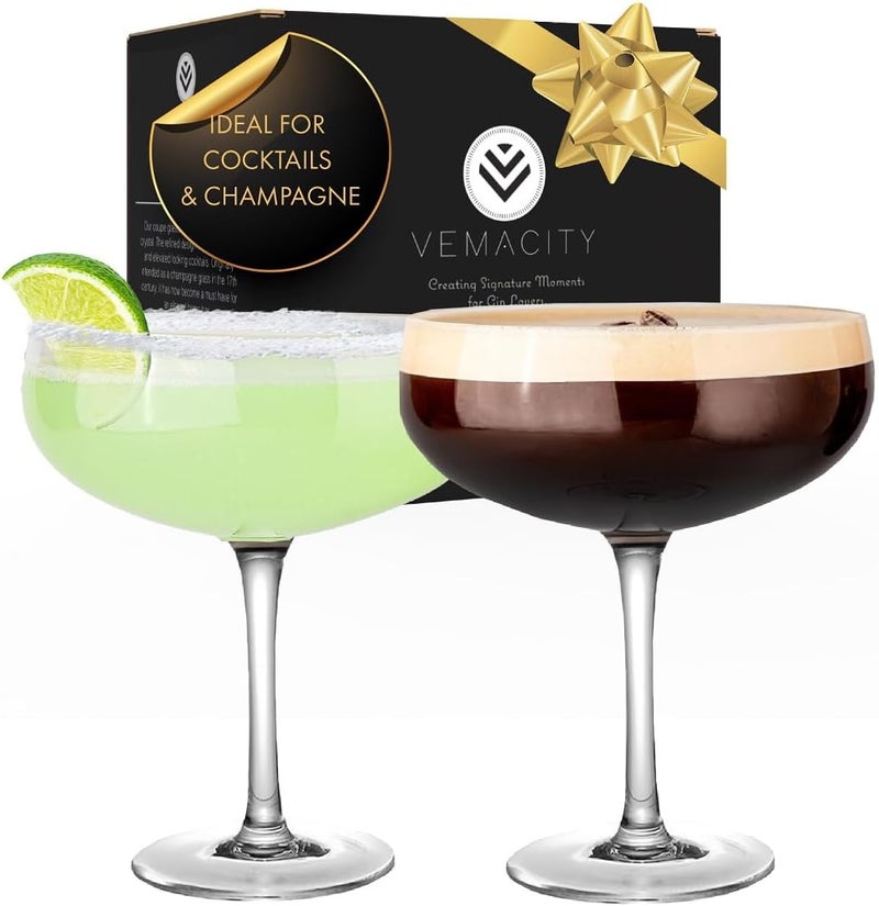 VEMACITY - Elegant Handblown Coupe Cocktail Glasses Set of 2 (10oz) - Crystal Espresso Martini Glasses, Champagne Saucers - Vintage Glassware | Wedding Gift | Ideal for Christmas & New Years - Image 1
