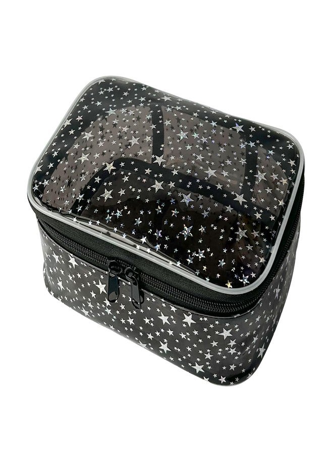 TotePrint Star Print PVC Makeup Bag Bulk,7.87×3.15×5.51 inch Clear Storage Bag Toiletry Pocket Zippered Pouch Waterproof Cosmetic Bags for Women (Black) - Image 1
