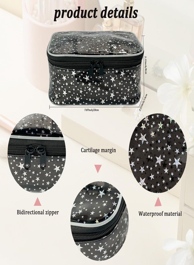 TotePrint Star Print PVC Makeup Bag Bulk,7.87×3.15×5.51 inch Clear Storage Bag Toiletry Pocket Zippered Pouch Waterproof Cosmetic Bags for Women (Black) - Image 2