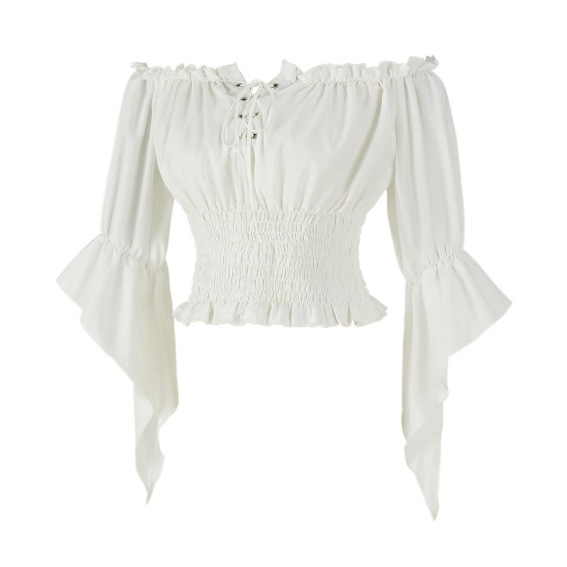 Mingyuezai Womens Renaissance Peasant Blouse Off Shoulder Trumpet Sleeve Tops(M,Z2880C) - Image 2