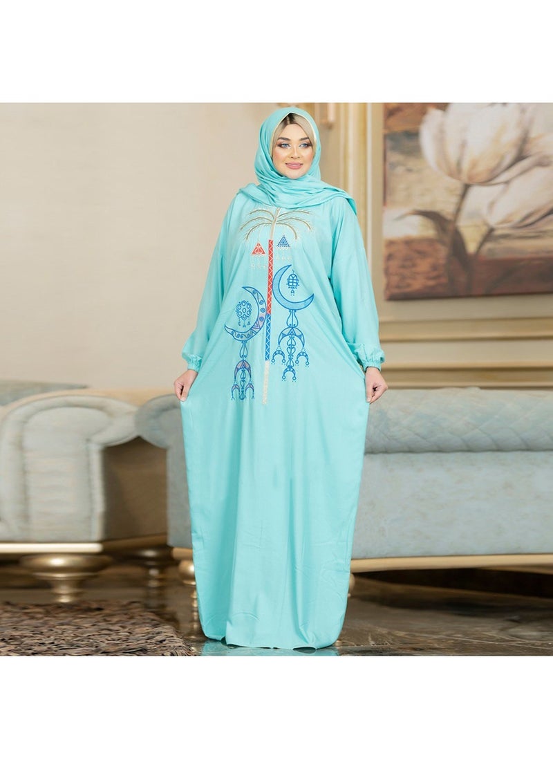 FULL JOY - Cotton Viscose Praying Dress With Separate Veil And Inner Belt ,Turquoise - Image 1