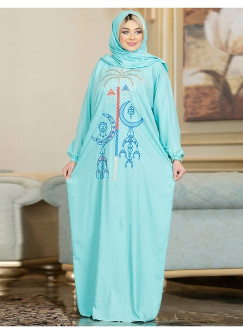 Cotton Viscose Praying Dress With Separate Veil And Inner Belt ,Turquoise