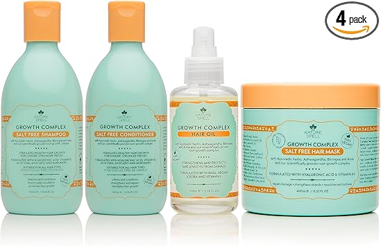 Nature Spell مجموعة شامبو وبلسم Nature Spell Complex لنمو الشعر وزيت نمو الشعر وقناع الشعر - عبوة من 4 قطع للعناية بالشعر خالية من الملح والكبريتات شامبو وبلسم 300 مل × 2 400 مل × 1 100 مل × 1 - Image 1