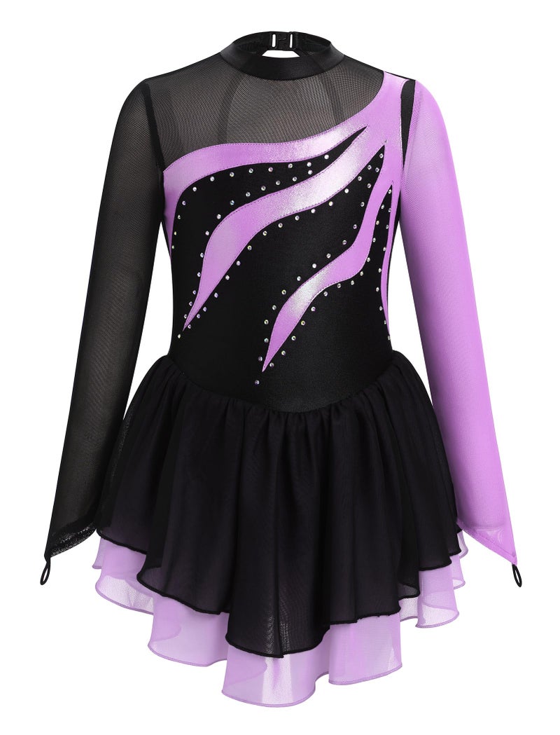 ODASDO Figure Ice Skating Dress for Girls Kids Mesh Long Sleeve Sparkly Rhinestones Skirted Leotard Gymnastics Roller Ballet Dance Outfit Show Competition Stage Performance Dancewear Purple 1112Y - Image 2