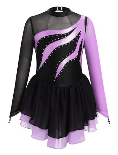 ODASDO Figure Ice Skating Dress for Girls Kids Mesh Long Sleeve Sparkly Rhinestones Skirted Leotard Gymnastics Roller Ballet Dance Outfit Show Competition Stage Performance Dancewear Purple 1112Y - Image 1