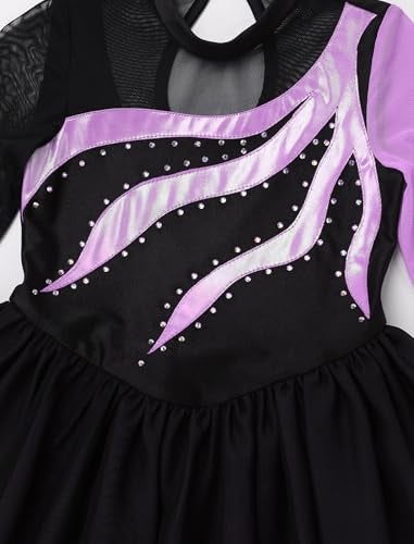ODASDO Figure Ice Skating Dress for Girls Kids Mesh Long Sleeve Sparkly Rhinestones Skirted Leotard Gymnastics Roller Ballet Dance Outfit Show Competition Stage Performance Dancewear Purple 1112Y - Image 3
