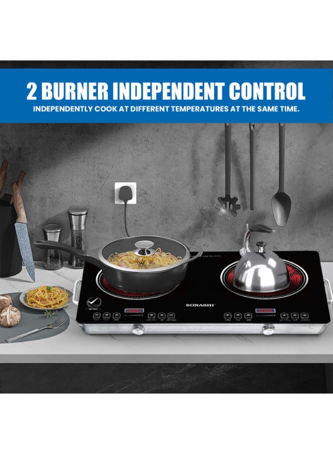 SONASHI Double Burner Infrared Cooker - 4 Digit LED Display | Multi-Stage Power Settings with Knob Control and Touch Control | Portable and Compact Infrared Cooker SIS-017C Black - Image 3