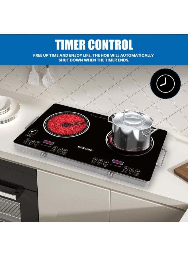 SONASHI Double Burner Infrared Cooker - 4 Digit LED Display | Multi-Stage Power Settings with Knob Control and Touch Control | Portable and Compact Infrared Cooker SIS-017C Black - Image 5