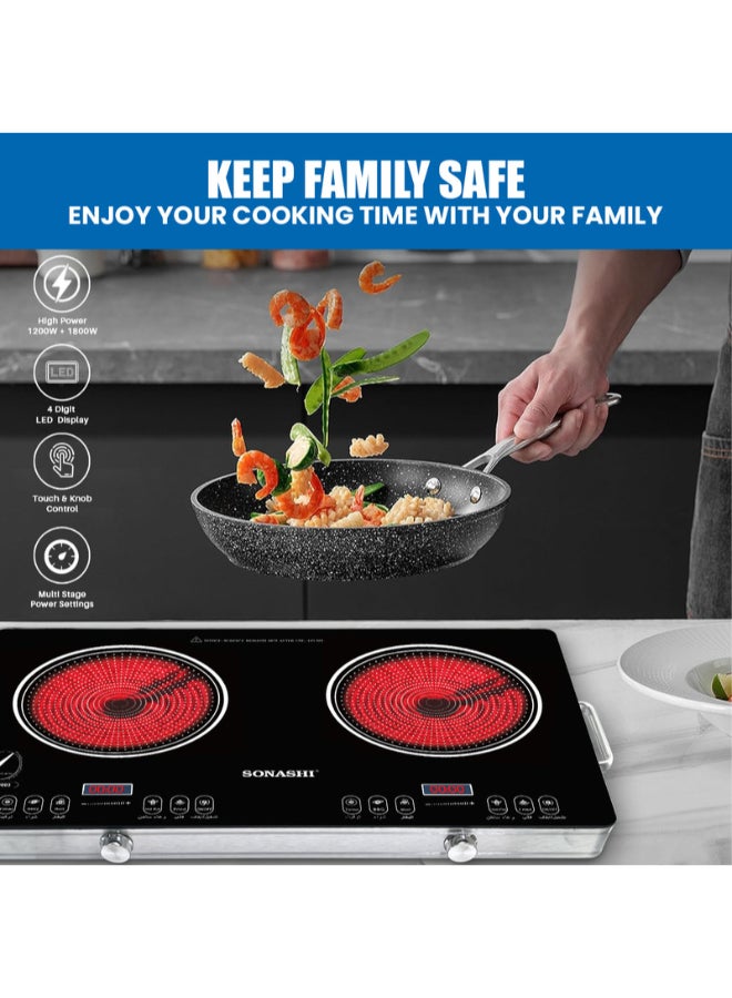 SONASHI Double Burner Infrared Cooker - 4 Digit LED Display | Multi-Stage Power Settings with Knob Control and Touch Control | Portable and Compact Infrared Cooker SIS-017C Black - Image 2