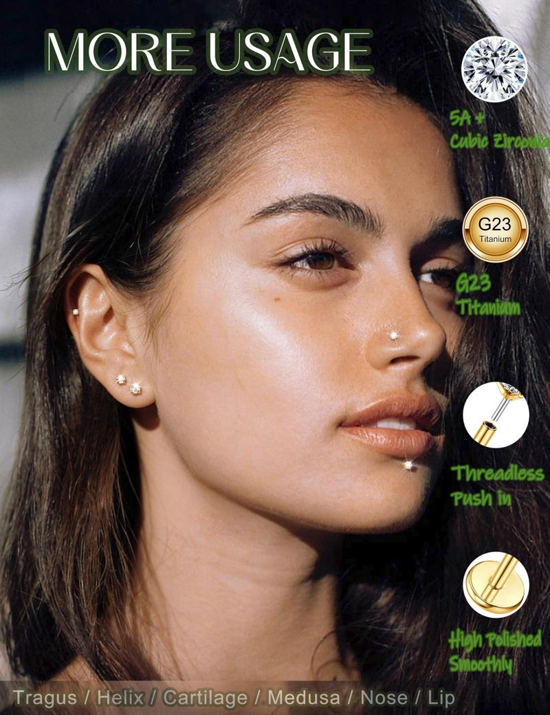 MILACOLATO G23 Implant Grade Titanium Earrings for Women 20G/18G/16G Threadless Flat Back Stud Earrings 14K Gold Plated Tragus Piercing Jewelry Hypoallergenic Push in Helix Cartilage Medusa Piercing Jewelry G18 - Image 5