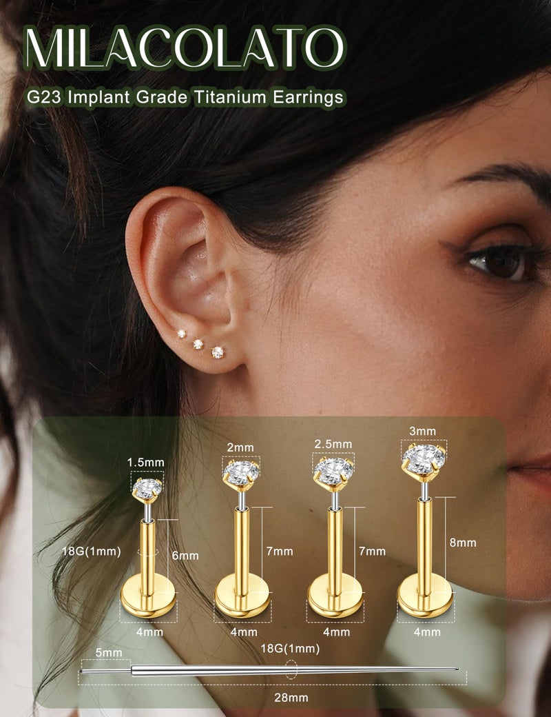 MILACOLATO G23 Implant Grade Titanium Earrings for Women 20G/18G/16G Threadless Flat Back Stud Earrings 14K Gold Plated Tragus Piercing Jewelry Hypoallergenic Push in Helix Cartilage Medusa Piercing Jewelry G18 - Image 2