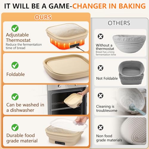 Uoxfill Upgrade Heating Sourdough Bread Proofing Basket Set, Electric Thermostatic Silicone banneton bread proofing basket,Sourdough bread baking supplies,8.7 Inch Square Foldable Sourdough Proofing Bowl - Image 5