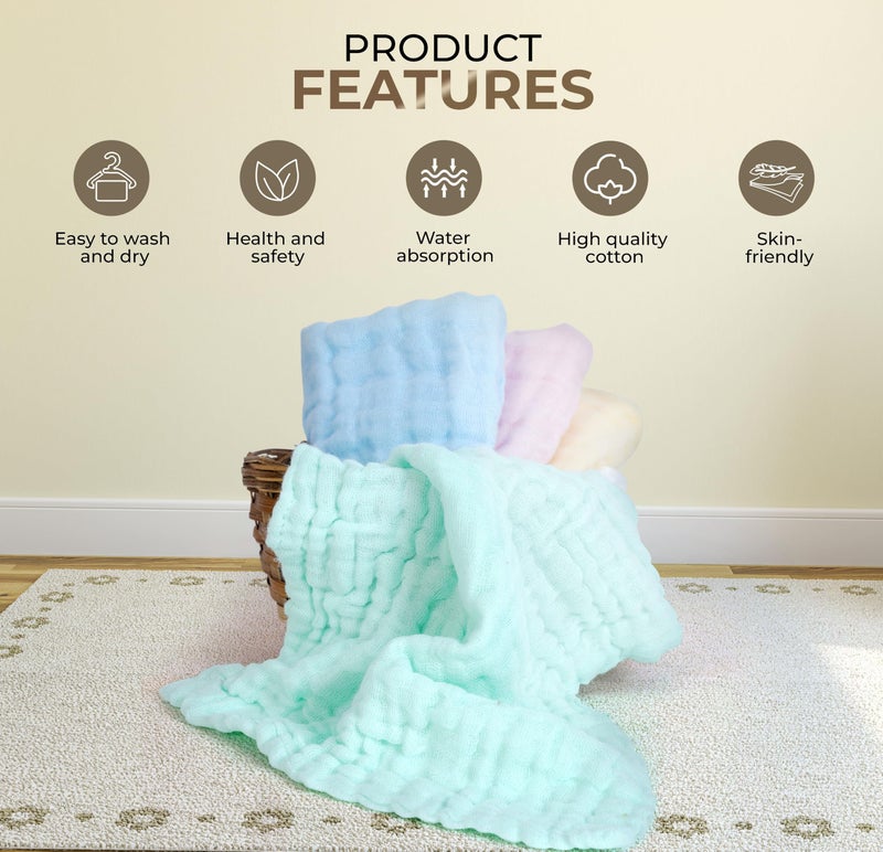 BASEEFY 5 Pack Baby Muslin Cotton Washcloths – 6 Layer Extra Soft & Highly Absorbent Reusable Napkins for Newborns, Sensitive Skin Face Wipes, Burp Cloth & Hankies (Multicolor) - Image 3