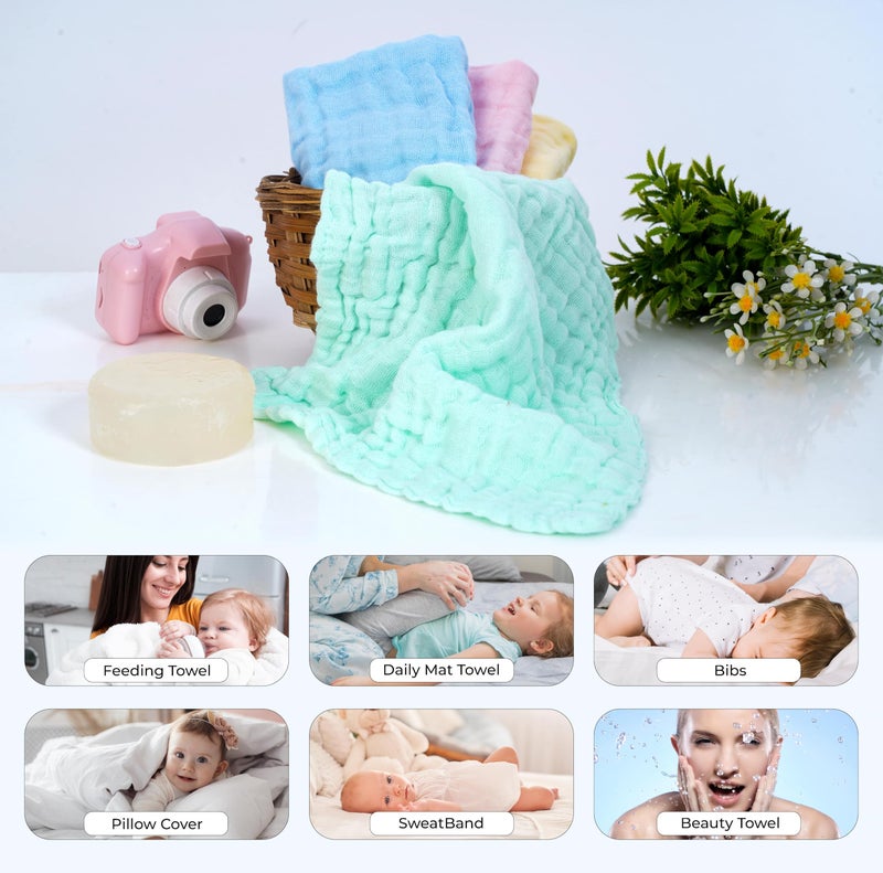 BASEEFY 5 Pack Baby Muslin Cotton Washcloths – 6 Layer Extra Soft & Highly Absorbent Reusable Napkins for Newborns, Sensitive Skin Face Wipes, Burp Cloth & Hankies (Multicolor) - Image 4