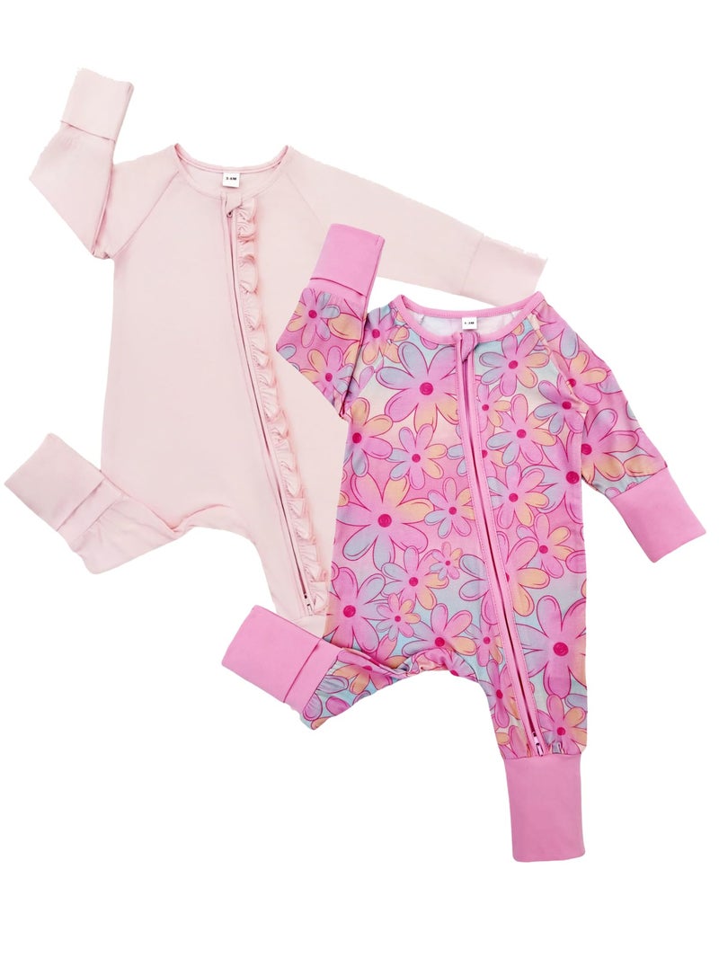Bow Dream Baby Bamboo Rayon Romper Girl Footless Viscose Newborn Infant Footie Outfits Mitten Cuffs Toddler Boy Clothes Pink Floral Print 12-18 Months - Image 1