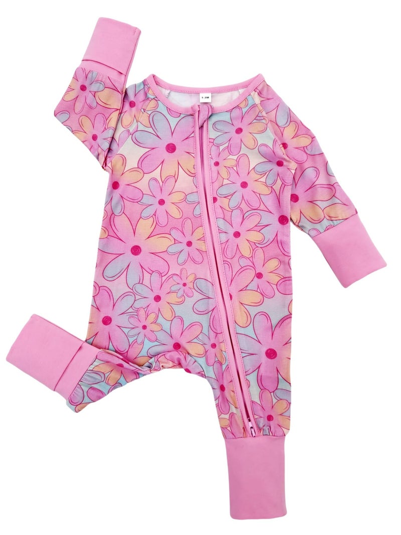 Bow Dream Baby Bamboo Rayon Romper Girl Footless Viscose Newborn Infant Footie Outfits Mitten Cuffs Toddler Boy Clothes Pink Floral Print 12-18 Months - Image 2