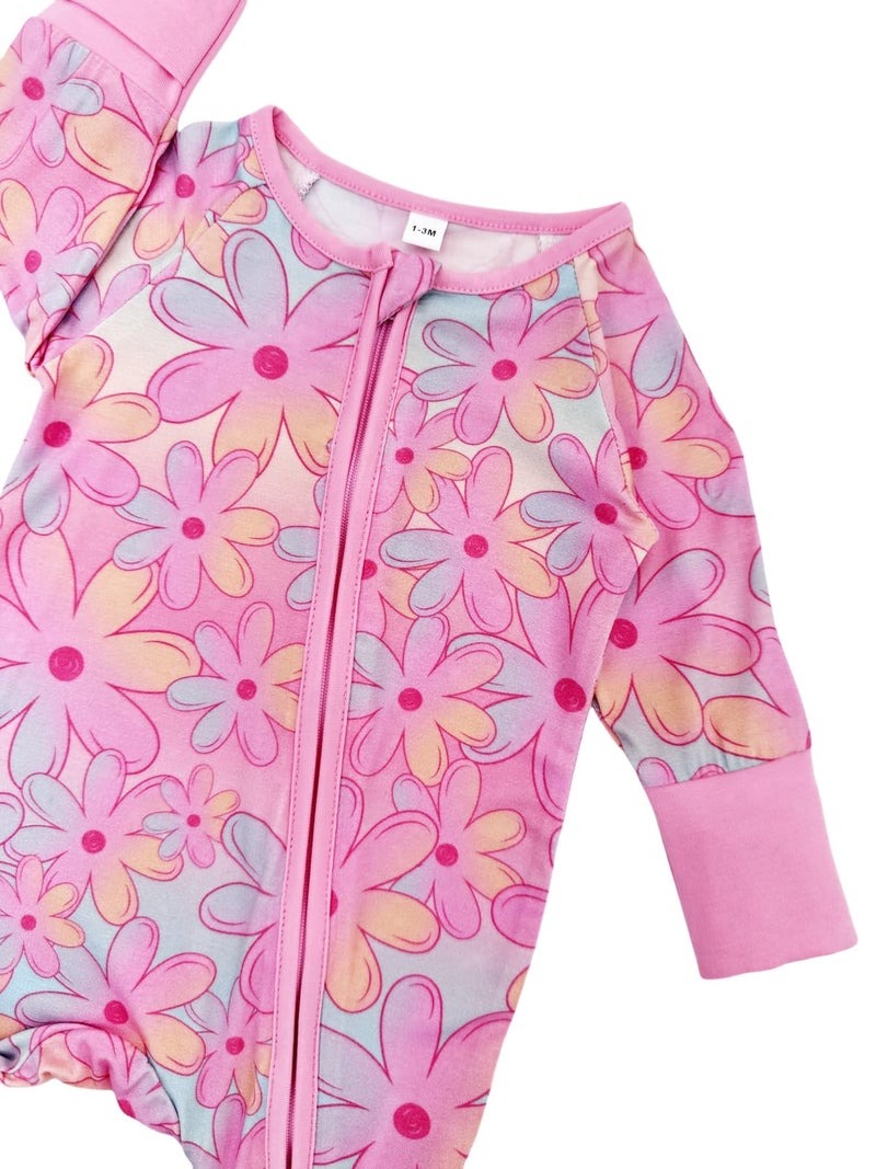 Bow Dream Baby Bamboo Rayon Romper Girl Footless Viscose Newborn Infant Footie Outfits Mitten Cuffs Toddler Boy Clothes Pink Floral Print 12-18 Months - Image 3