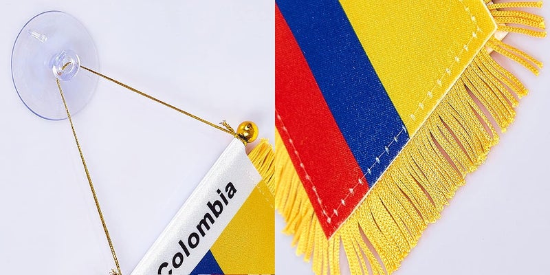 WXTWK 3 X 5 Inch Colombia Flag Colombian Window Hanging Flag Small Mini Car Flags Banners Rearview Mirror Decoration With Suction Cup Golden Fringy Banner - Image 3