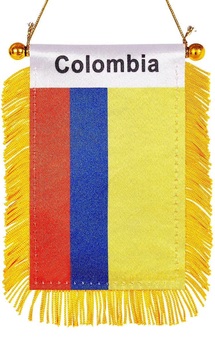 WXTWK 3 X 5 Inch Colombia Flag Colombian Window Hanging Flag Small Mini Car Flags Banners Rearview Mirror Decoration With Suction Cup Golden Fringy Banner - Image 1