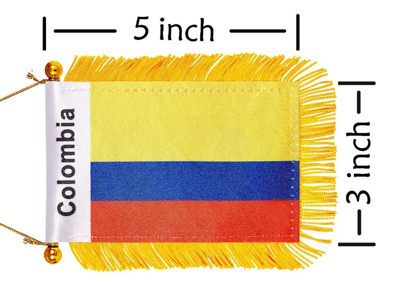 WXTWK 3 X 5 Inch Colombia Flag Colombian Window Hanging Flag Small Mini Car Flags Banners Rearview Mirror Decoration With Suction Cup Golden Fringy Banner - Image 2